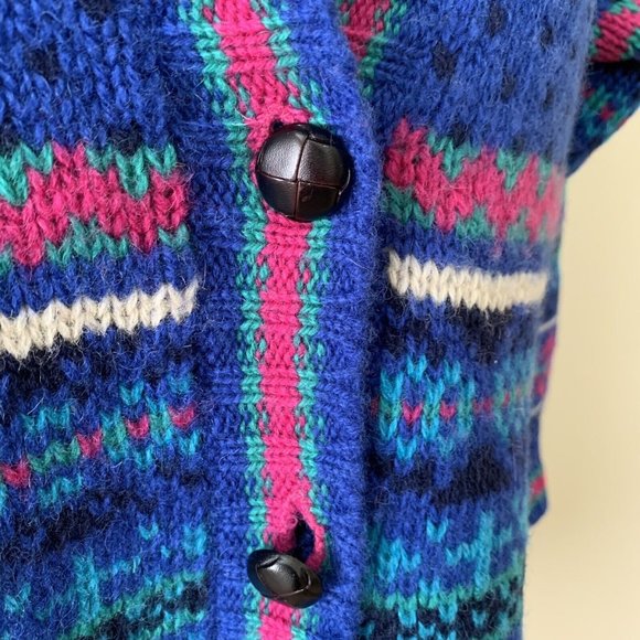 Vintage 80s Brass Plum Fair Isle Geometric New Wave Wool Sweater Cardigan - Picture 8 of 11